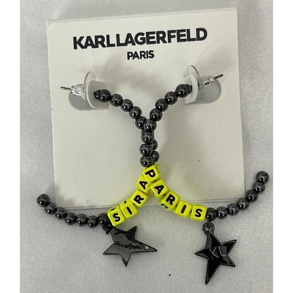 Karl Lagerfeld Logo Black Beaded Star Chartreuse Paris Letters C-Hoop Earrings